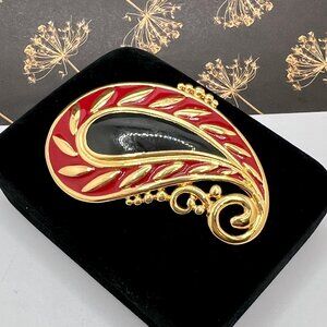 Monet Red and Black Paisley Brooch